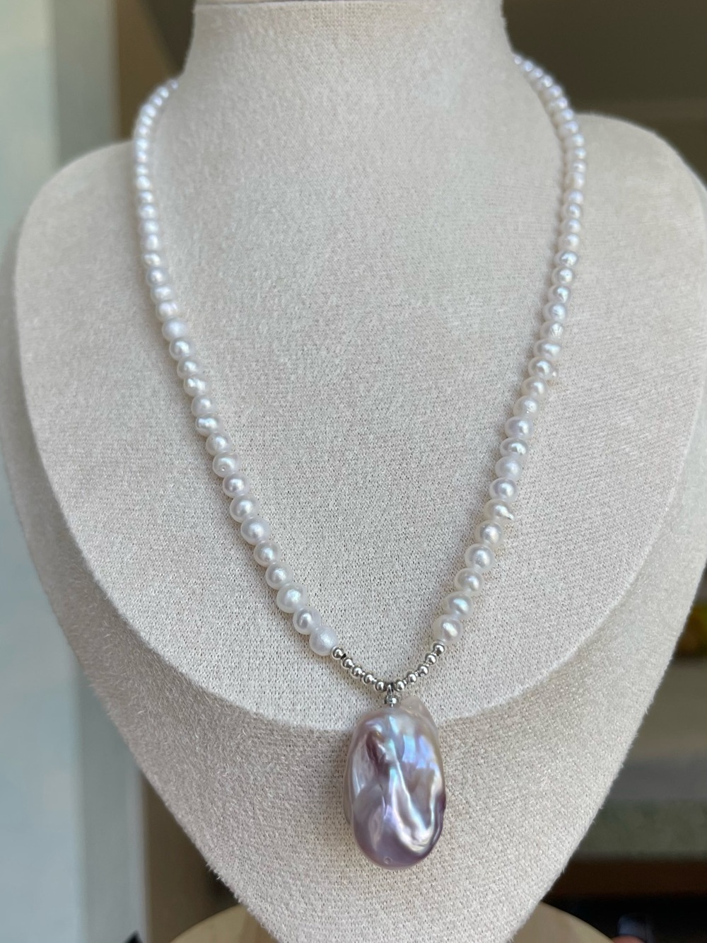 Handmade White Pearl Necklace with Iridescent Baroque Pendant 73